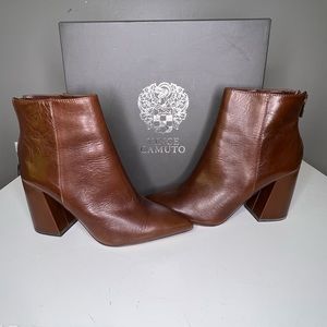 Vince Camuto Benedie Pointed Toe Booties Whiskey Brown Leather Block heel